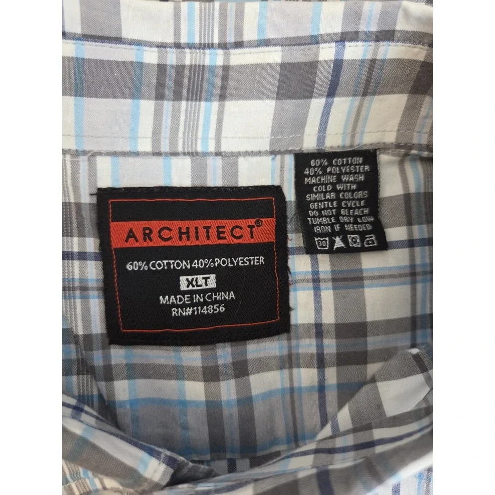 Architect Blue Gray Plaid Short Sleeve Button Shirt XLT - Picture 4 of 7